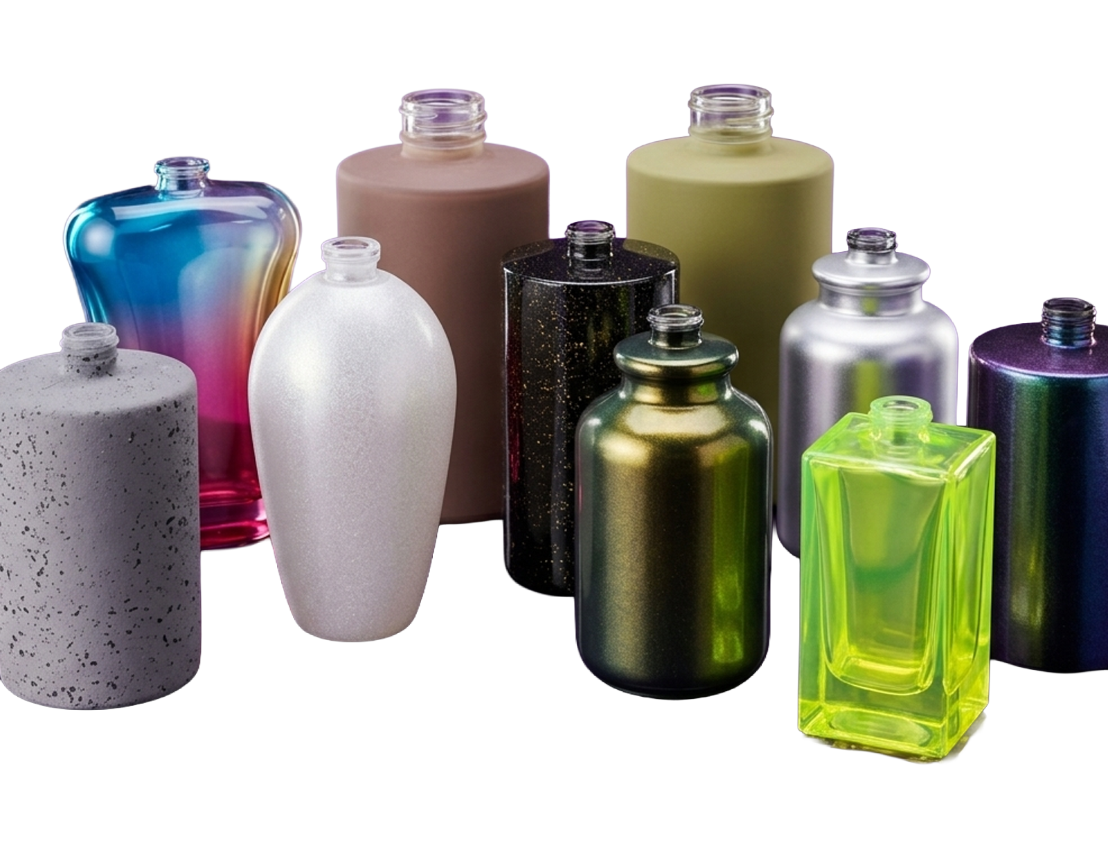 Frascos de vidro com diferentes acabamentos Glass Coating: metalizado, fosco, translúcido e pintura especial